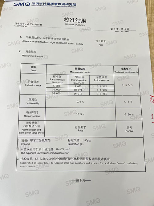 甲苯二異氰酸酯TDI檢測(cè)儀校準(zhǔn)證書